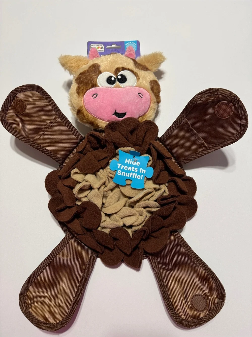Outward Hound Plush Cow Snuffle Toy in Brown & Pink